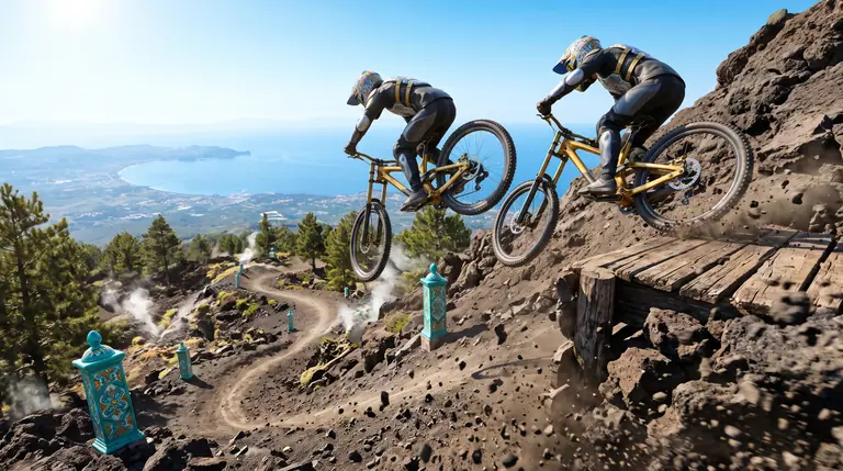 Due mountain bike da downhill eseguono un’acrobazia sincronizzata in volo sopra un salto di roccia vulcanica con vista sulla baia della caldera.