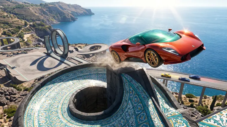 Supercar sportiva rossa in volo da una grande rampa a spirale rivestita di maiolica sopra un vasto parco acrobatico costiero con doppi giri della morte.